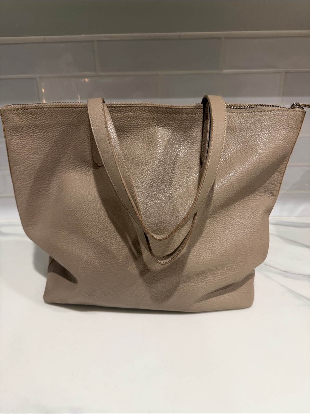 Cuyana Taupe Leather Pebbled Tote
